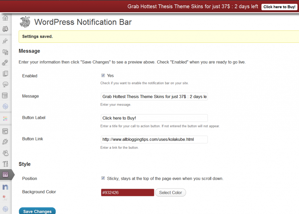 configure WP notification bar